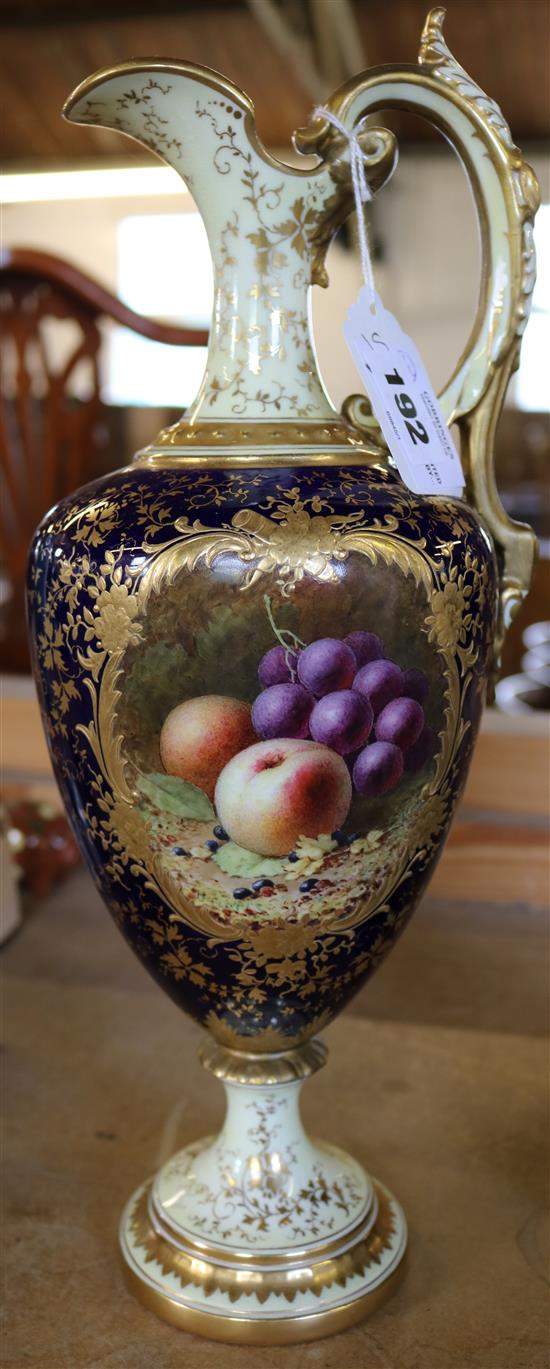 A Coalport fruit painted ewer, c.1900, painted by H. Chivers, 35.5cm, restorations
